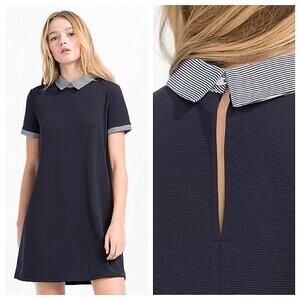 Zara Women's Navy Blue Knit Stripe Collar Short Sleeve Mini Polo Shift Dress L